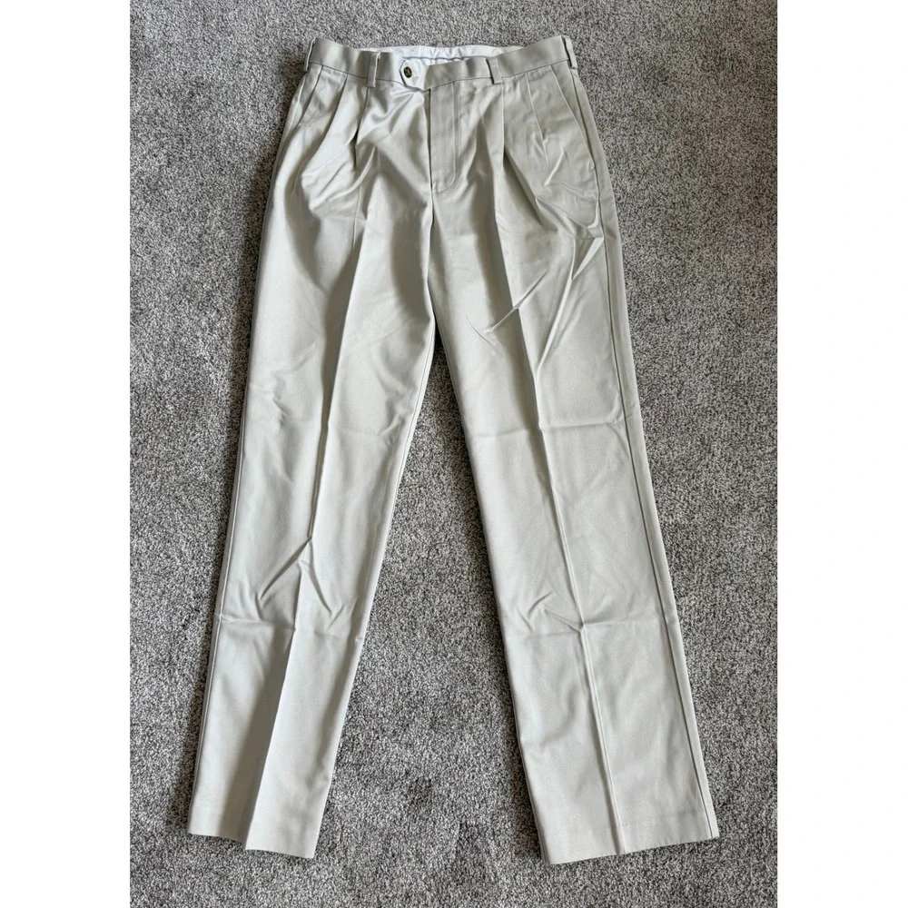 Roundtree & Yorke Mens Khaki Tan Pleated Cotton Dress Pants Chinos 34x34